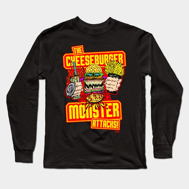 The Cheeseburger Monster Attacks! Long Sleeve T-Shirt by peteoliveriart